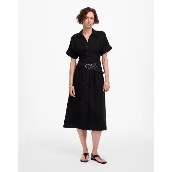Madewell Dresses & Skirts - MADEWELL Pleated Midi Shirtdress 1X Black 100% Linen Short Sleeve A-Line NWT B27